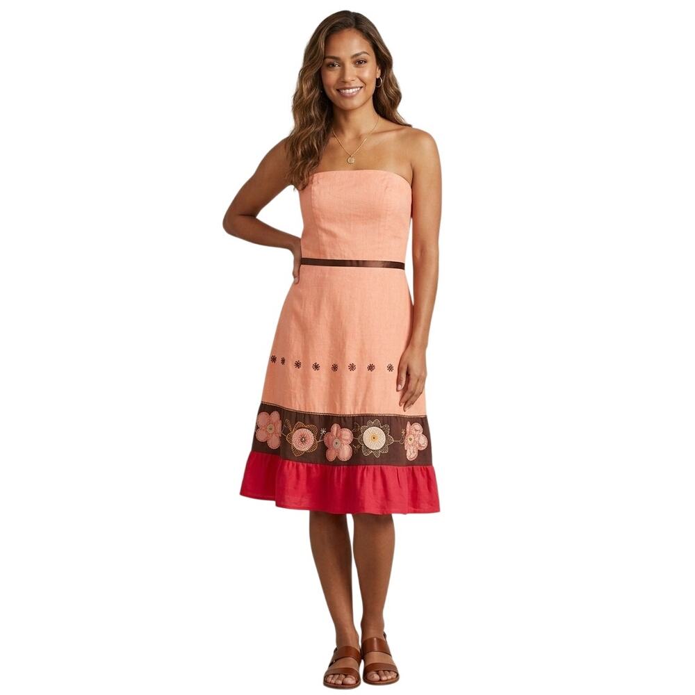 Soulmates A-Line Dress M Peach Floral Linen Strapless Summer Beach Boho Artsy